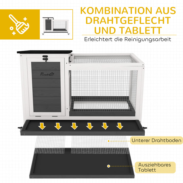 Kaninbur i træ med fritgående indhegning, hjul, foldetag, til indendørs og udendørs brug, 92 x 52 x 67 cm, mørkegrå