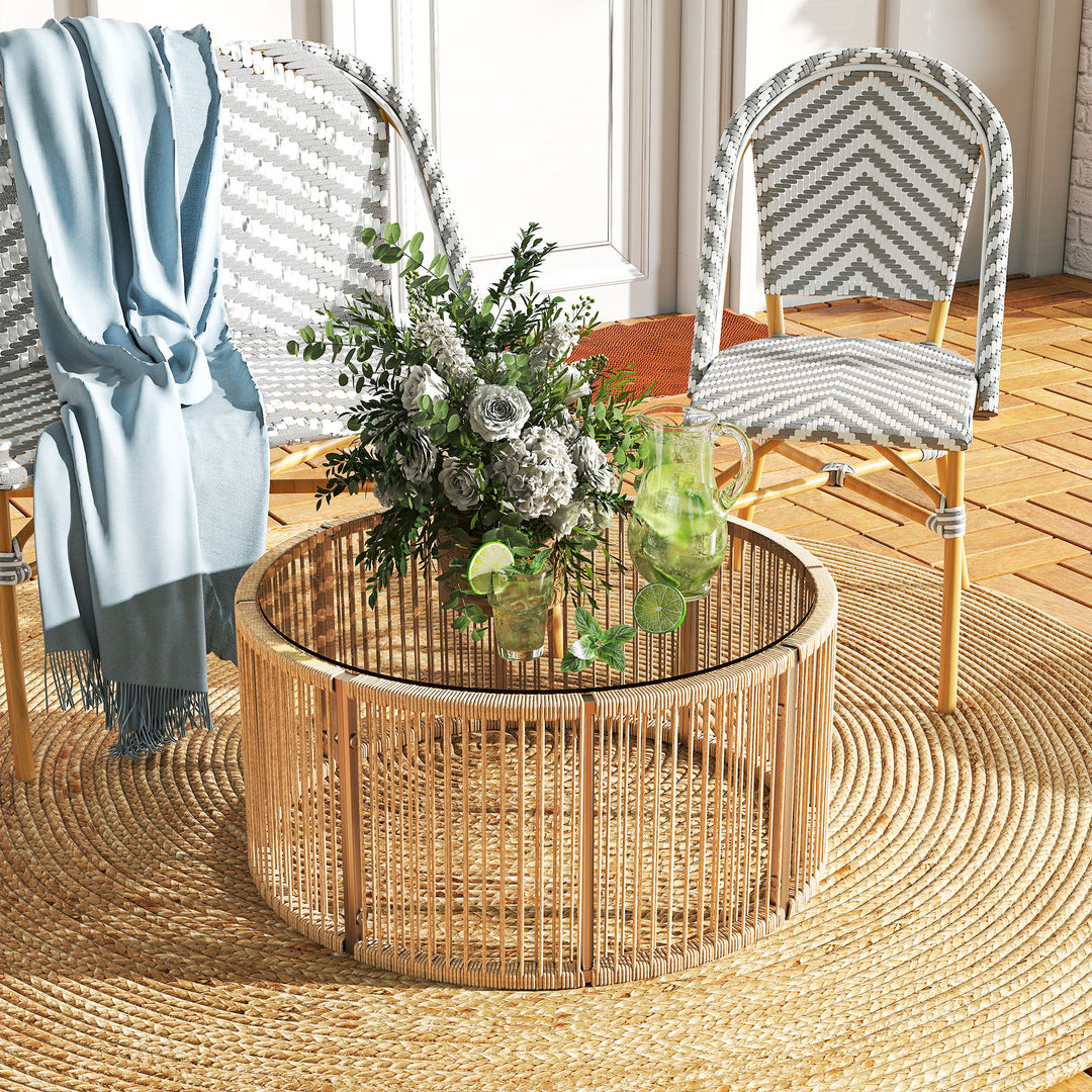 Sidebord af polyrattan, sofabord med hærdet glasplade, havebord med stålstel, 70 x 70 x 33 cm, brun