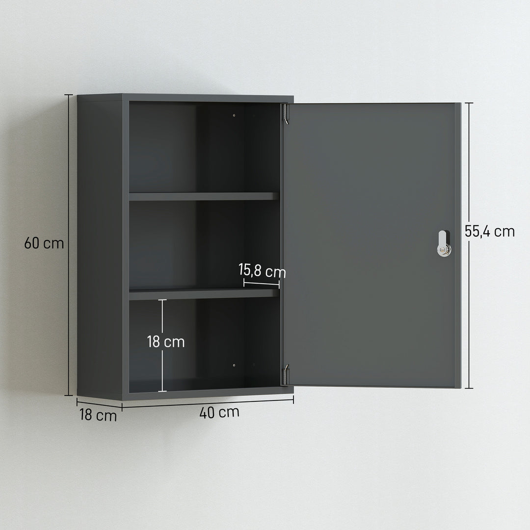 Vægmonteret medicinskab, badeværelsesskab med 3 hylder, 2 nøgler, 40 x 18 x 60 cm, grå