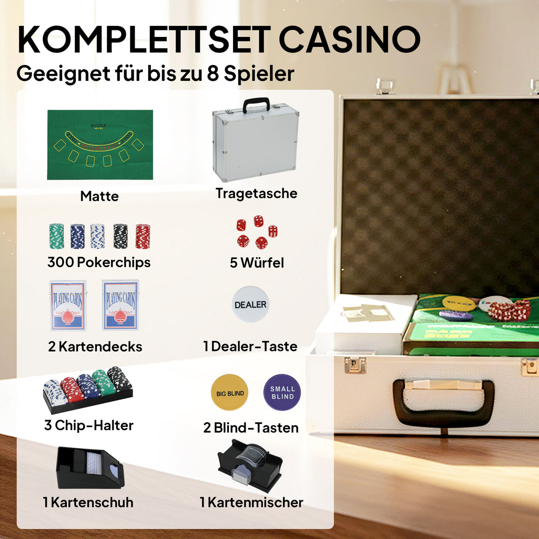 Pokersæt, 300 chips, terninger, 2 sæt kort, tilbehør, etui, til 8 spillere