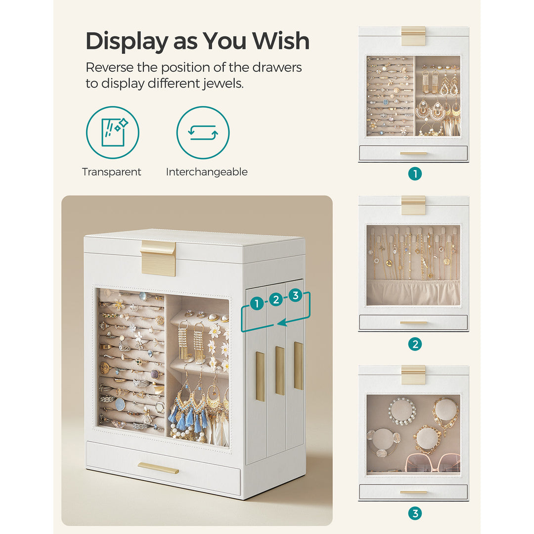 Smykkeskrin med glasvindue, 5-lags smykkeorganisator med 3 sideskuffer, stort spejl, moderne stil, skyhvid og guldfarve