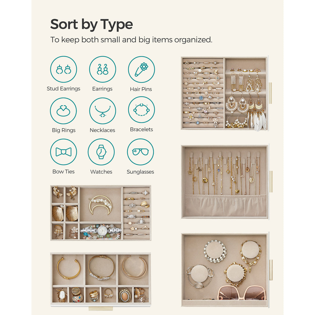 Smykkeskrin med glasvindue, 5-lags smykkeorganisator med 3 sideskuffer, stort spejl, moderne stil, skyhvid og guldfarve