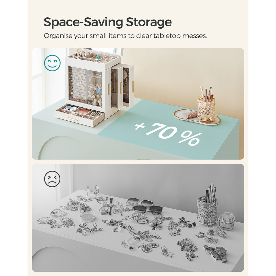 Smykkeskrin med glasvindue, 5-lags smykkeorganisator med 3 sideskuffer, stort spejl, moderne stil, skyhvid og guldfarve