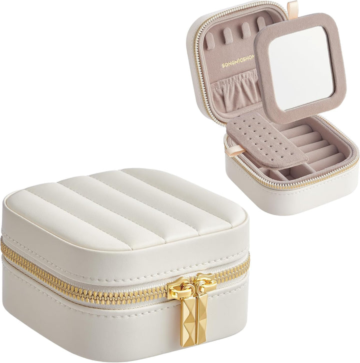 Lille mykkeskrin til rejser, organiser med spejl, mål ca. 10,4 x 10,4 x 6,1 cm, hvid