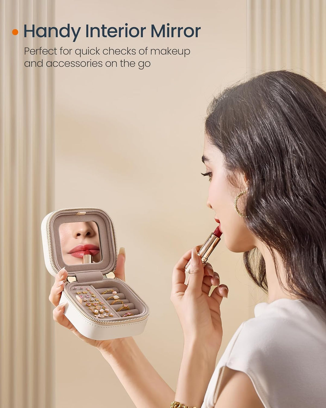 Lille mykkeskrin til rejser, organiser med spejl, mål ca. 10,4 x 10,4 x 6,1 cm, hvid