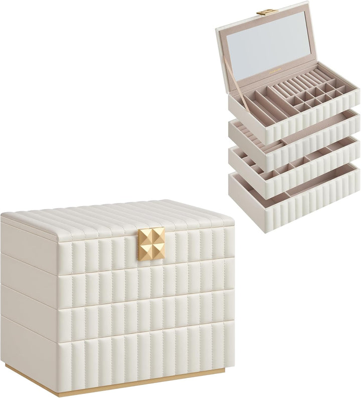 Smykkeskrin med spejl, 4 lag til opbevaring, i PU-læder med syninger og "floating effect", mål: 17 x 28 x 20,5 cm, hvid