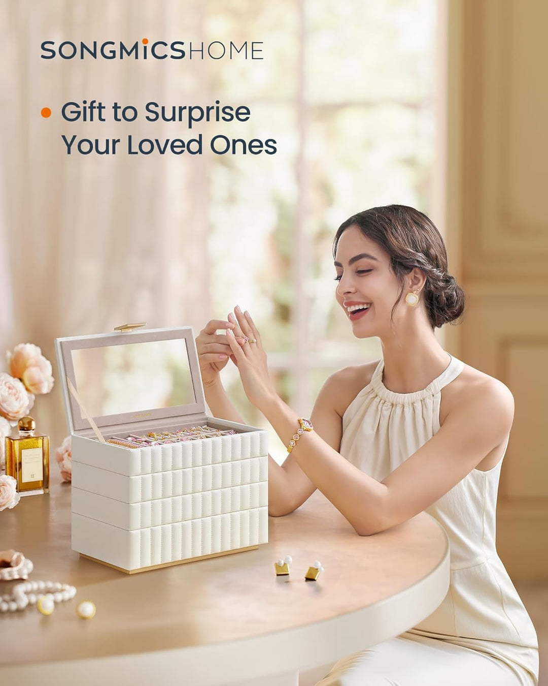 Smykkeskrin med spejl, 4 lag til opbevaring, i PU-læder med syninger og "floating effect", mål: 17 x 28 x 20,5 cm, hvid