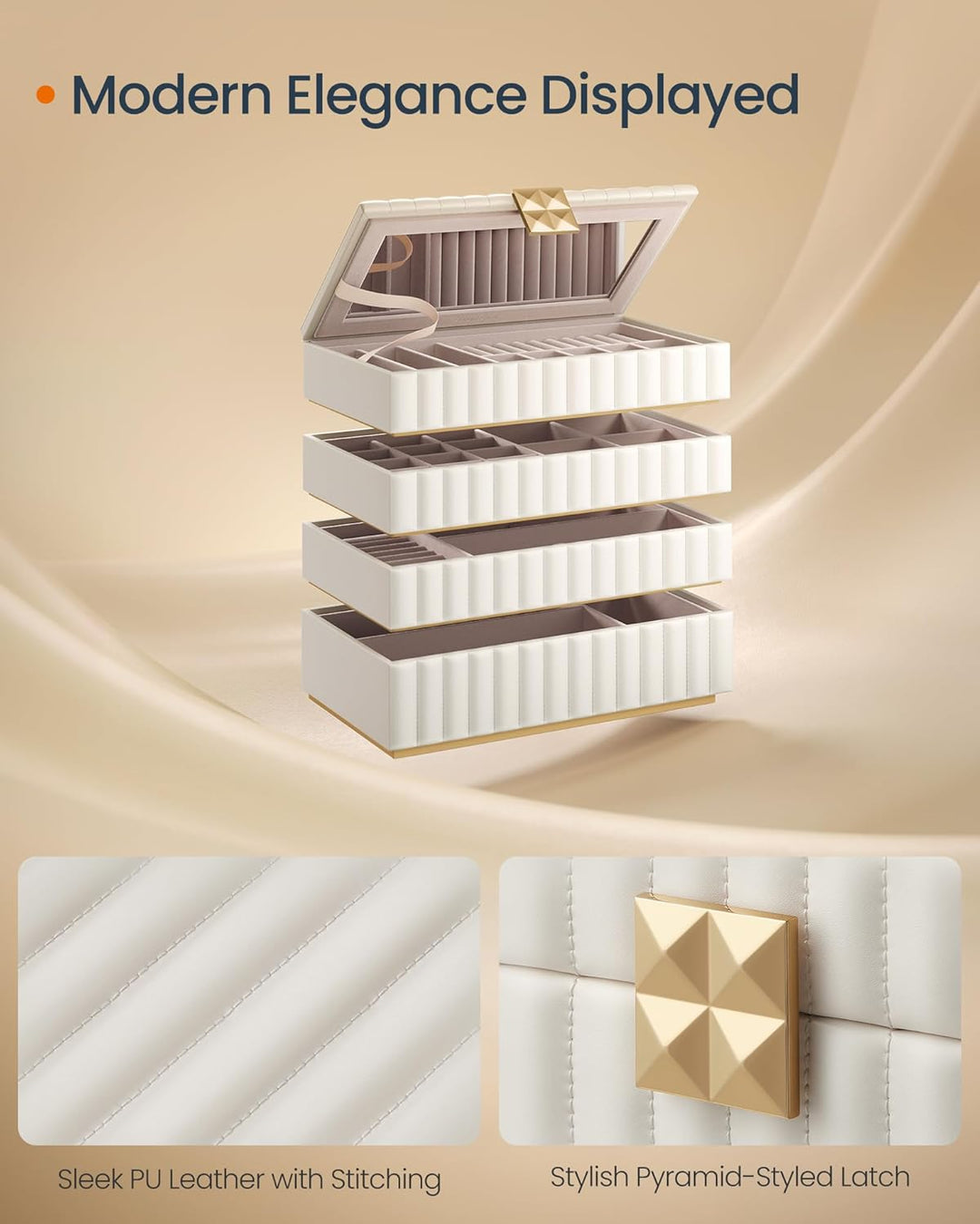 Smykkeskrin med spejl, 4 lag til opbevaring, i PU-læder med syninger og "floating effect", mål: 17 x 28 x 20,5 cm, hvid