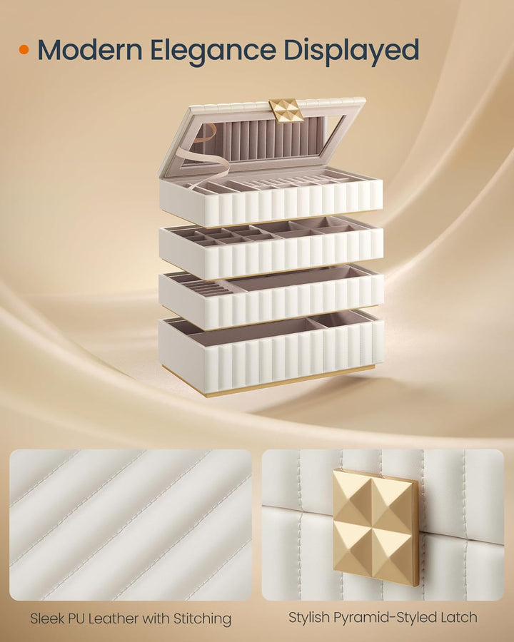 Smykkeskrin med spejl, 4 lag til opbevaring, i PU-læder med syninger og "floating effect", mål: 17 x 28 x 20,5 cm, hvid