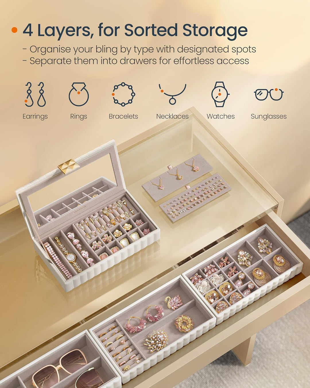 Smykkeskrin med spejl, 4 lag til opbevaring, i PU-læder med syninger og "floating effect", mål: 17 x 28 x 20,5 cm, hvid