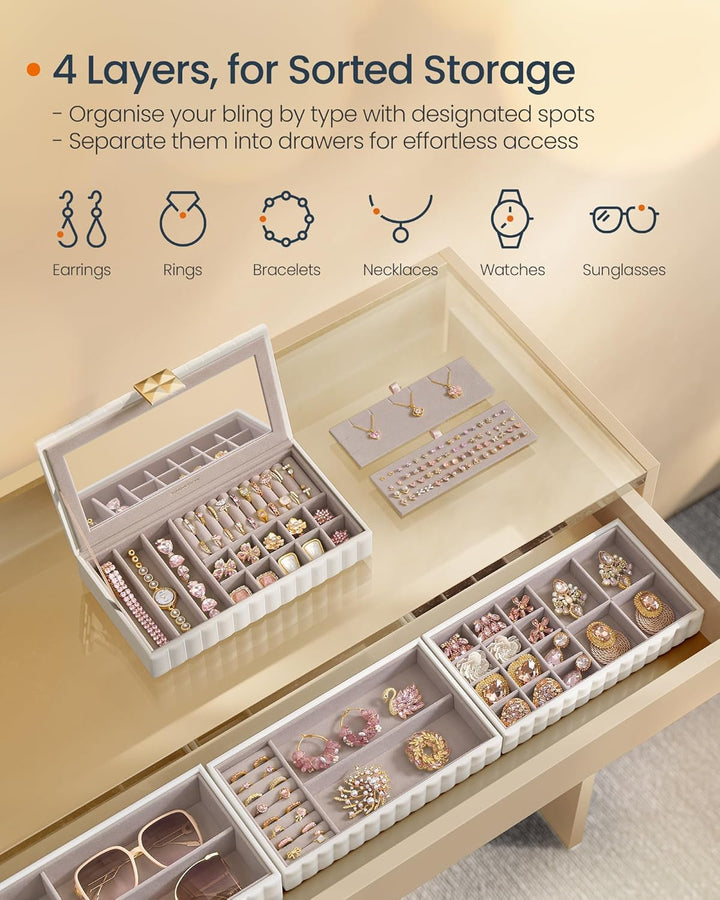 Smykkeskrin med spejl, 4 lag til opbevaring, i PU-læder med syninger og "floating effect", mål: 17 x 28 x 20,5 cm, hvid