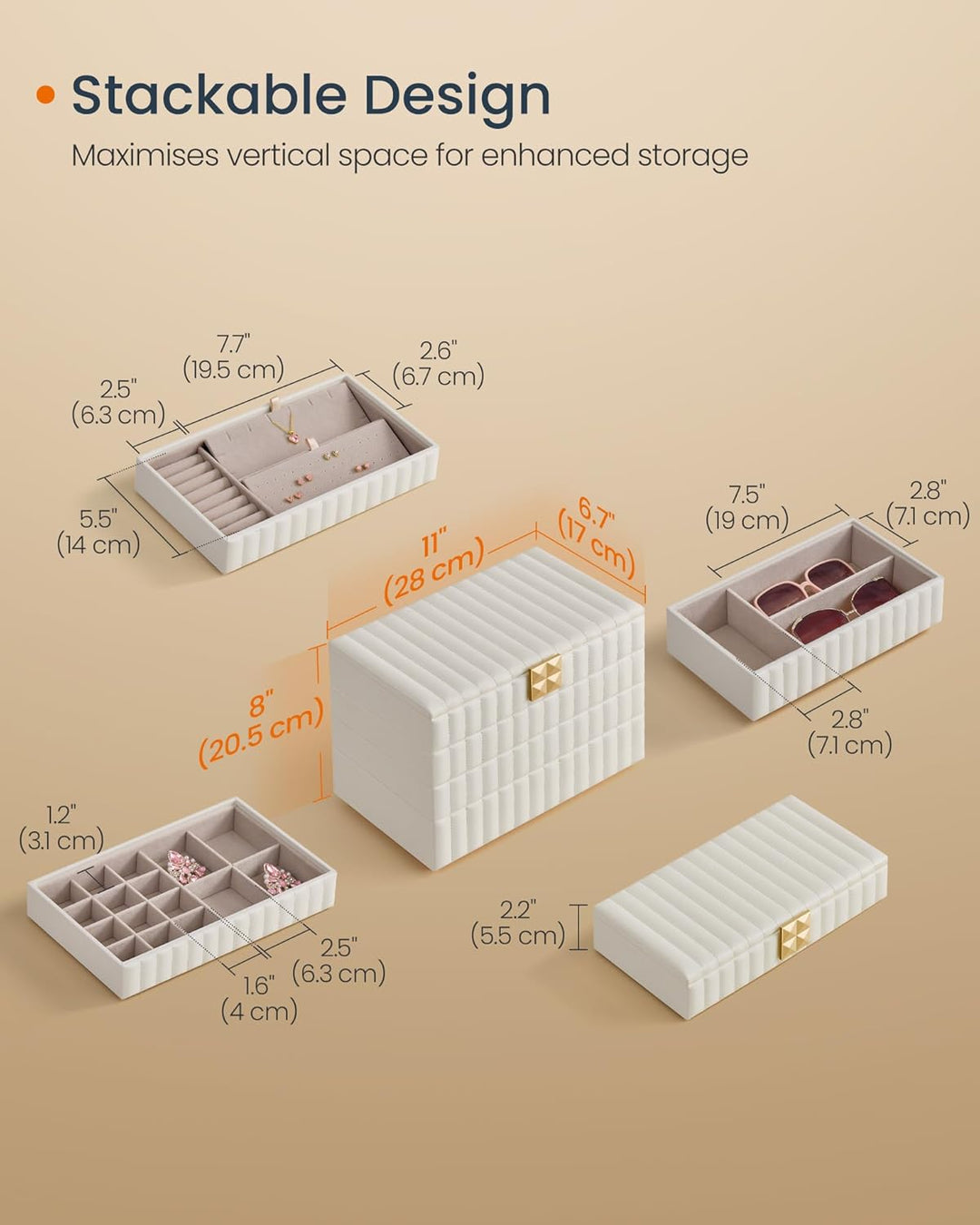 Smykkeskrin med spejl, 4 lag til opbevaring, i PU-læder med syninger og "floating effect", mål: 17 x 28 x 20,5 cm, hvid