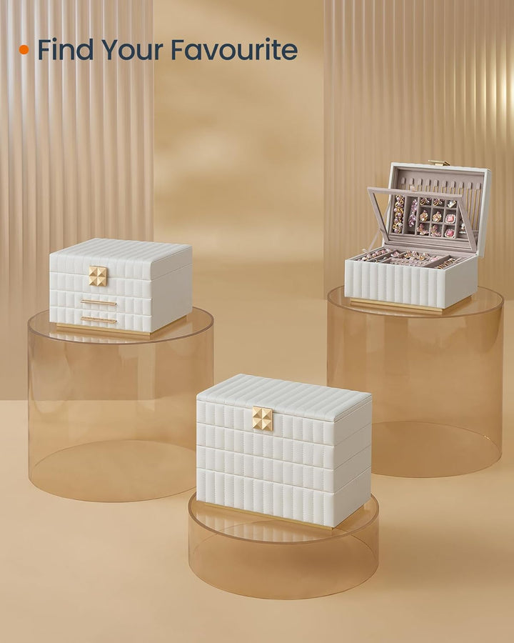 Smykkeskrin med spejl, 4 lag til opbevaring, i PU-læder med syninger og "floating effect", mål: 17 x 28 x 20,5 cm, hvid