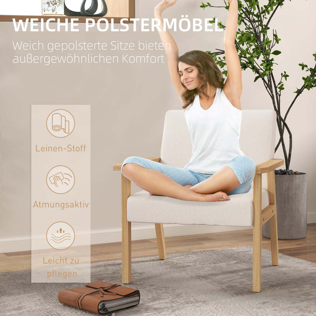 Polstret lænestol med armlæn, spisestol i hørlook, massivt træstel, 64 x 70 x 72 cm, cremefarvet