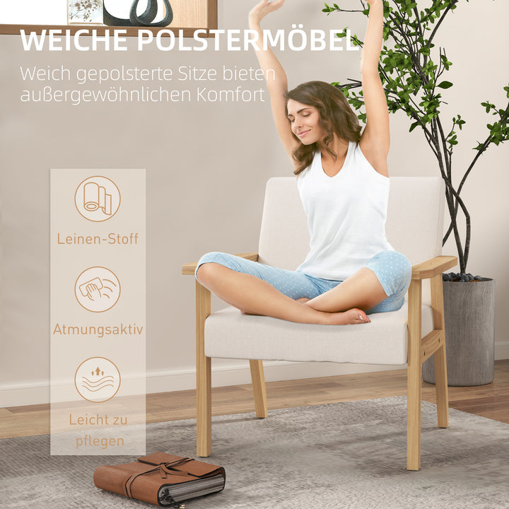 Polstret lænestol med armlæn, spisestol i hørlook, massivt træstel, 64 x 70 x 72 cm, cremefarvet