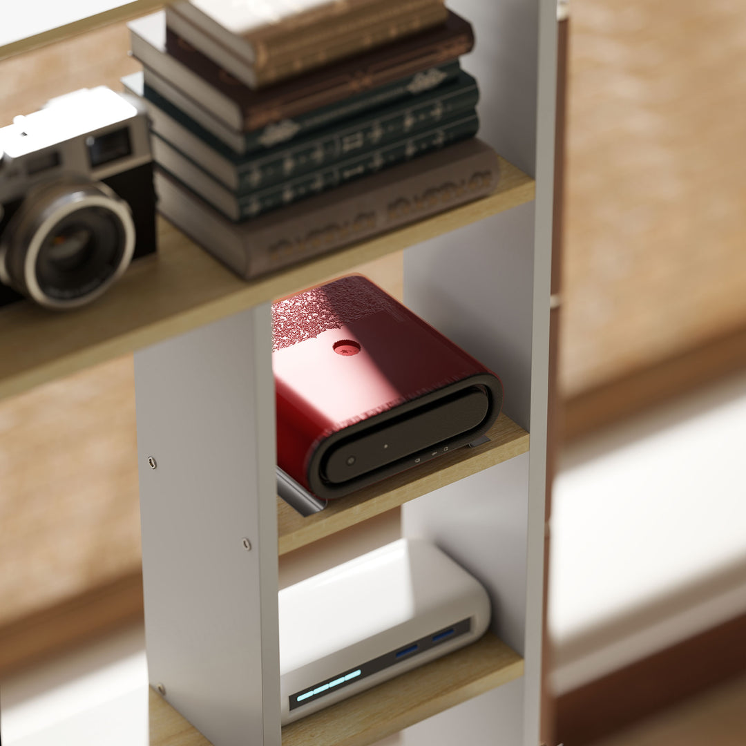 Computerbord med åbne hylder og opbevaringsrum, stål, lysebrun + hvid