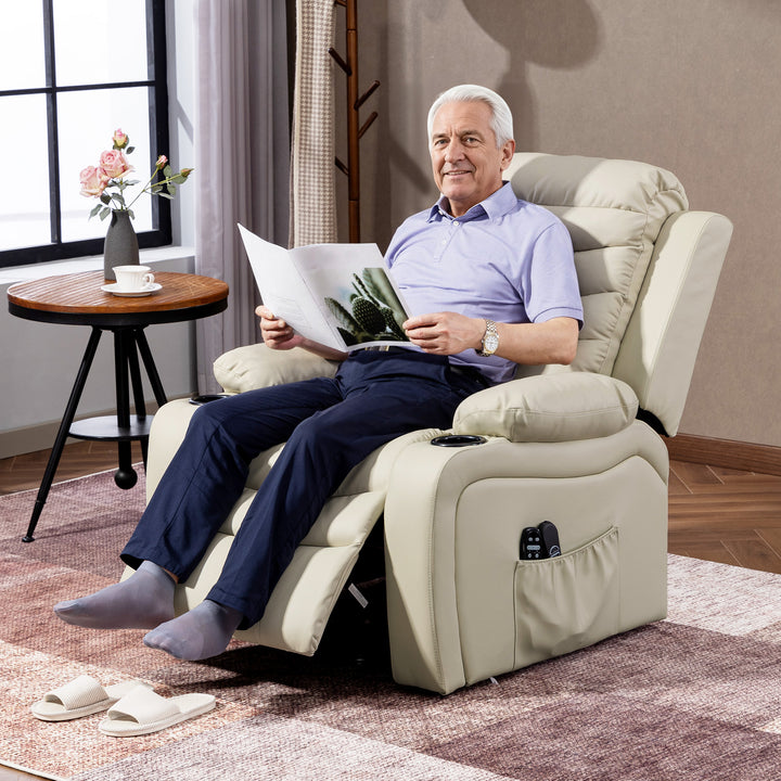 Elektrisk TV-lænestol med løftefunktion, massage, varme, USB-porte, PU, creme