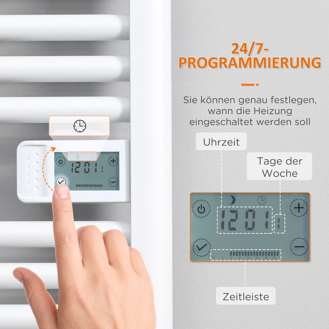 Badeværelsesvarmer, 24/7 programmering, 4 tilstande, overophedningsbeskyttelse, 54 cm x 4 cm x 96 cm, hvid