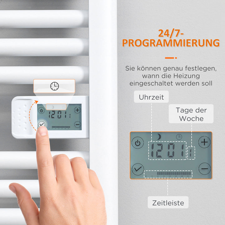 Badeværelsesvarmer, 24/7 programmering, 4 tilstande, overophedningsbeskyttelse, 54 cm x 4 cm x 96 cm, hvid
