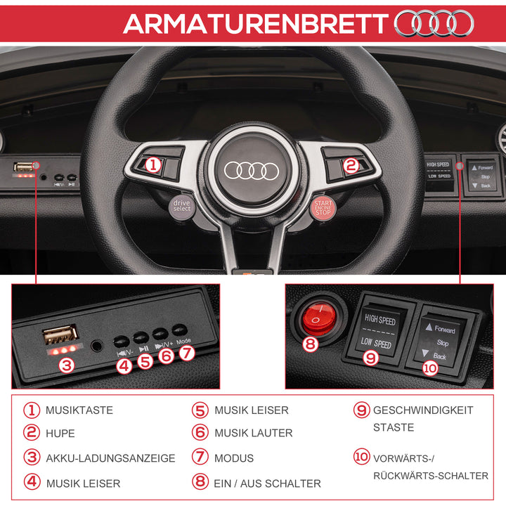 Audi børne-elbil, med 2.4G fjernbetjening, musik, horn, LED, USB, til børn 3-5 år, sort