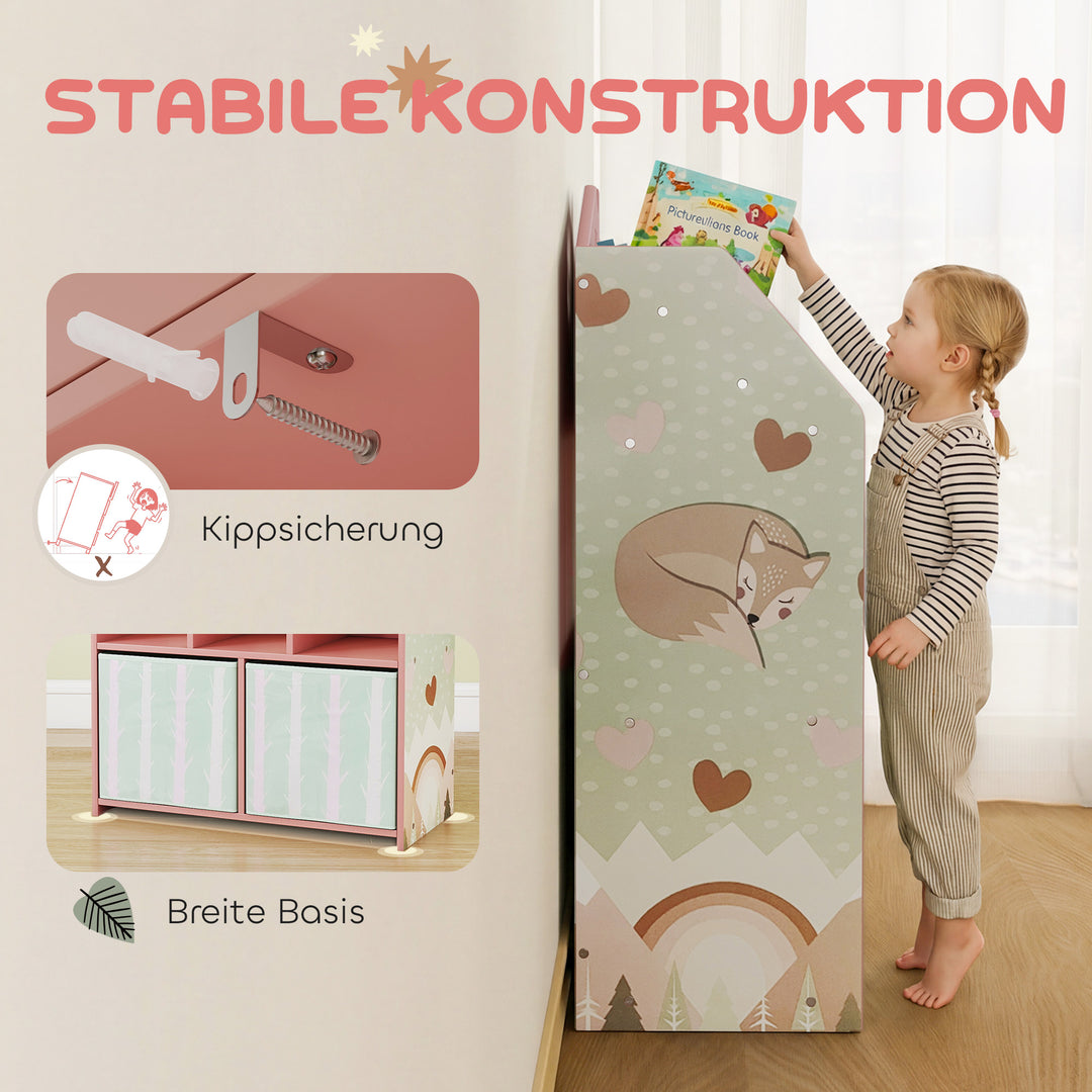 Børnebogreol med 2 stofskuffer, åben hylde til alderen 3-8, 62,5x30x91,5 cm, lyserød