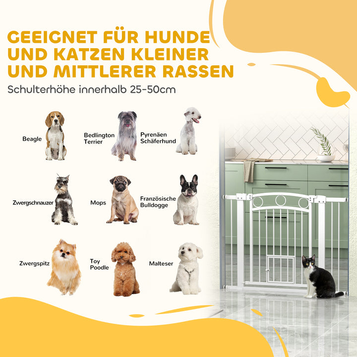 Kæledyrsgitter, 77 cm trappegitter, justerbar bredde 76-104 cm, med kattelem, til trapper og døråbninger, hvid