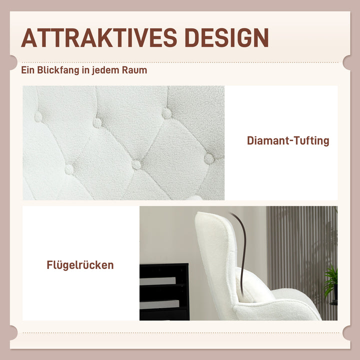 Polstret lænestol med diamantquiltning, betræk af teddystof, med dekorativ hynde, 88 x 75 x 106 cm, hvid