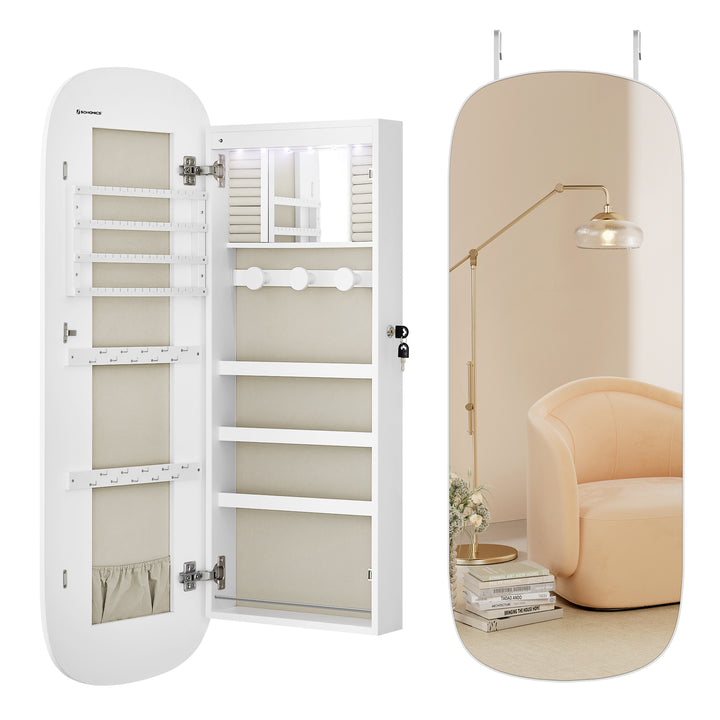 Elegant smykkeskab med LED-spejl, 10 x 42 x 108 cm, hvid