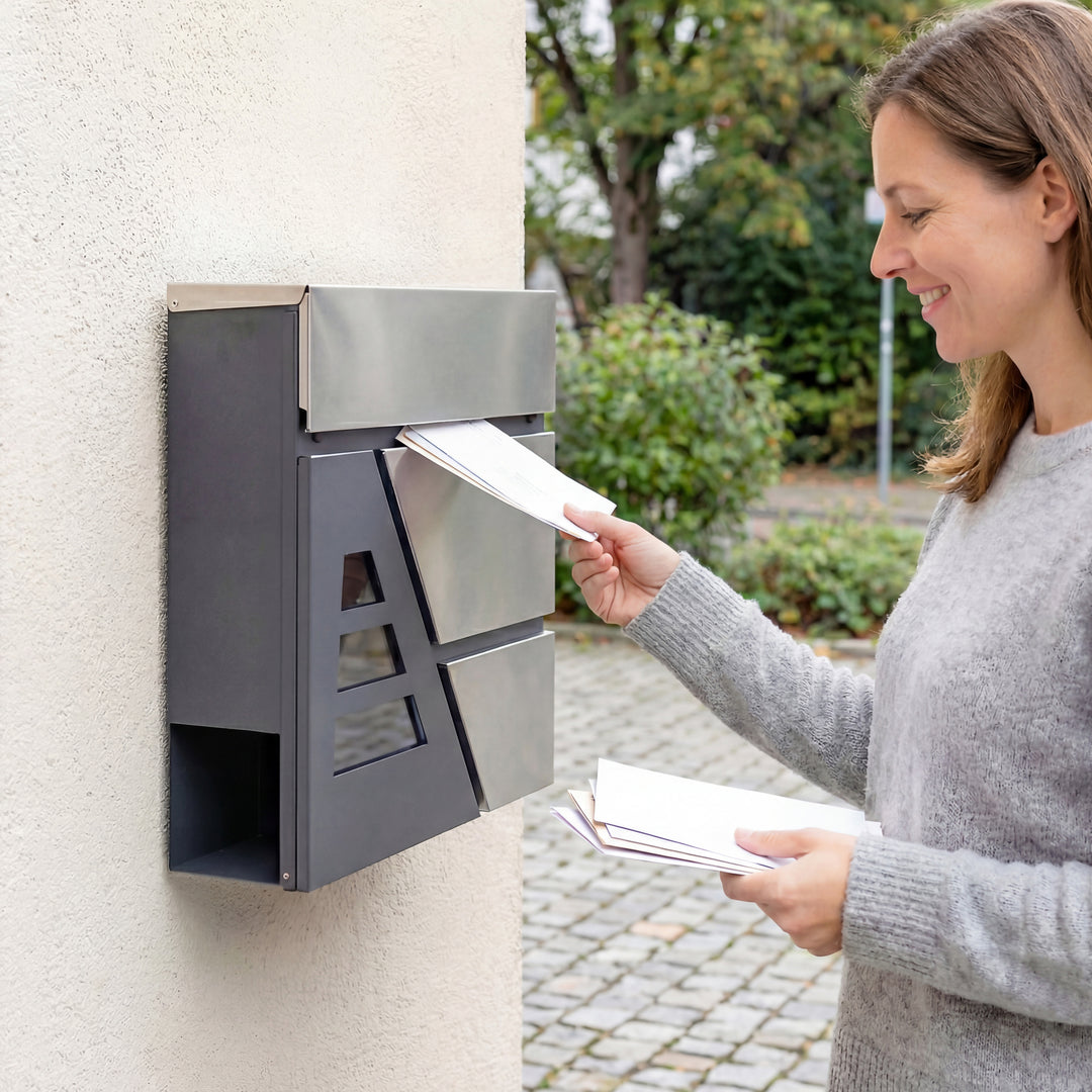 Vejrbestandig vægmonteret postkasse med avisholder og 2 nøgler til ydervægge, mørkegrå