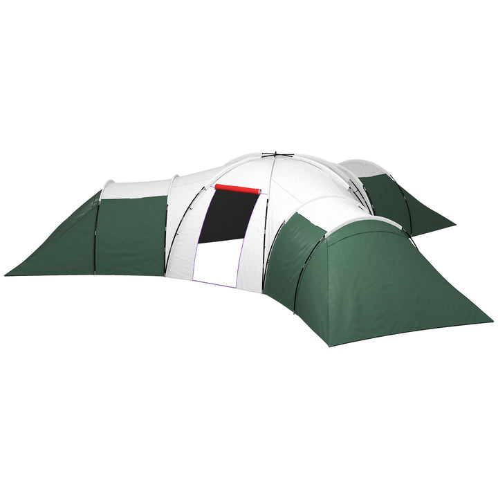 Campingtelt til 6-9 personer, 4 værelser, markise, vandtæt, 615 x 615 x 225 cm, grøn