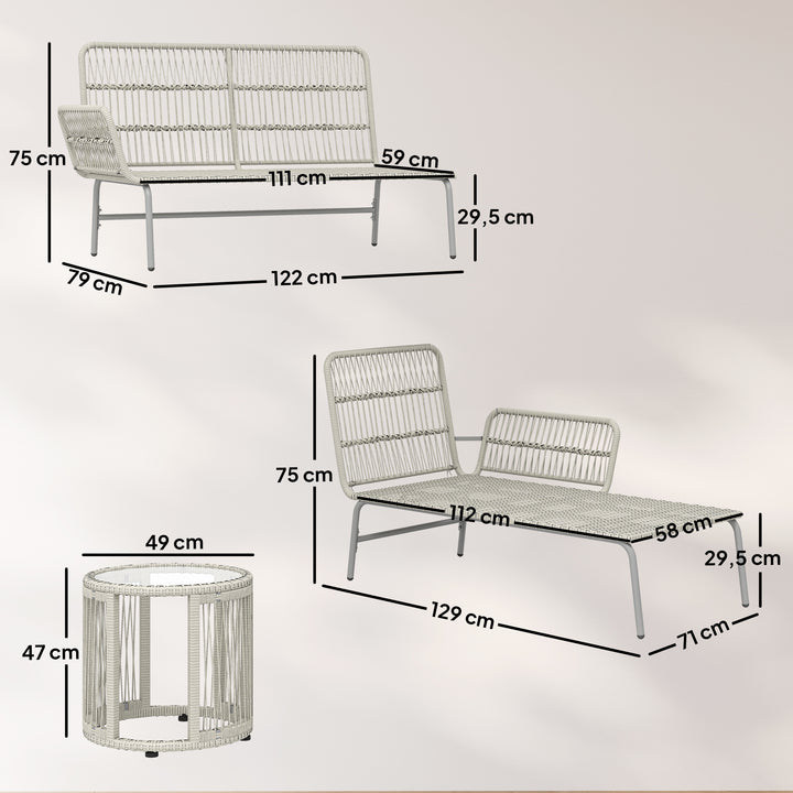 Polyrattan havemøbelsæt, 3 dele, med liggestol, to-personers sofa, sofabord, aftagelige hynder, lysegrå