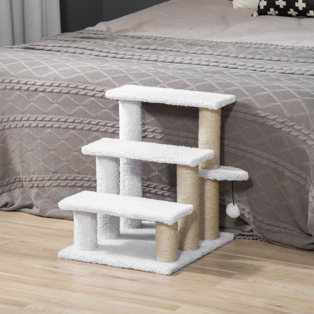 Kattetrappe 3-trins kæledyrstrappe med kradsetræer bold hundetrappe kæledyrstrappe til katte op til 5 kg plysjute hvid 45 x 40 x 48 cm