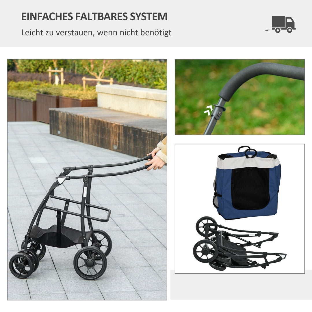 Hundevogn, kæledyrsvogn, kæledyrstransportør op til 10 kg, foldbar, justerbare bærestropper, aftagelig kurv, 81 x 58 x 97,5 cm, sort + blå + hvid