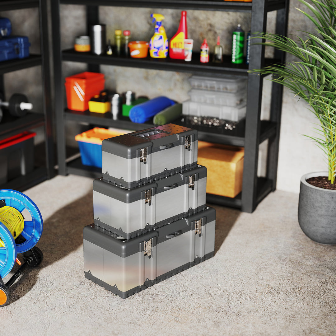 3-Delt værktøjskassesæt, rustfrit stål, plastik, sølv