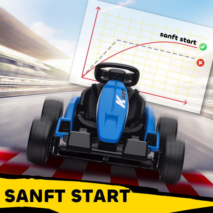 24V elektrisk gokart, drifttilstand, justerbart sæde, 5-punktssele, musikfunktion, 6-12 år, blå