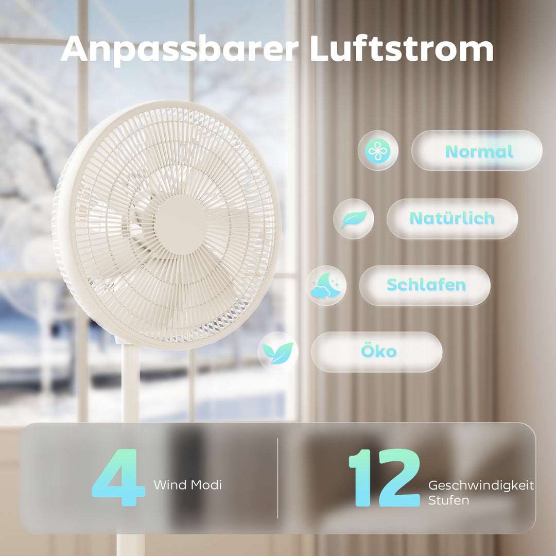 Gulvventilator med fjernbetjening og 12 hastigheder, justerbar højde til soveværelse, hvid