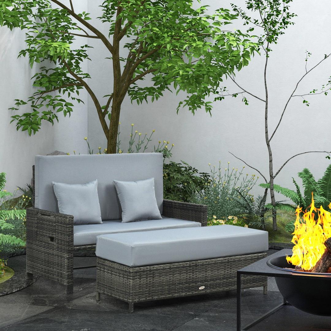 Havesofa med lænefunktion, udtrækkelig fodskammel med opbevaringsplads, sædehynde, grå, 130 x 72 x 96 cm