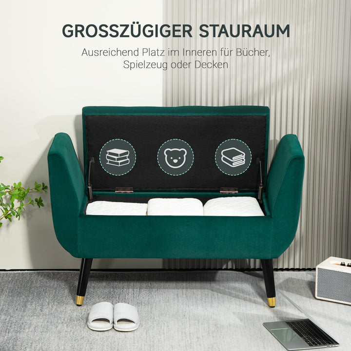 Polstret bænk med opbevaring, armlæn, fløjlspolyester, gummitræ, 107 x 42 x 65 cm, grøn