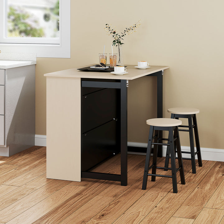 3-Delt barsæt, barbord med foldbar bordplade, 2 barstole, 6 opbevaringsrum, sort + eg, 116 x 70 x 89,5 cm