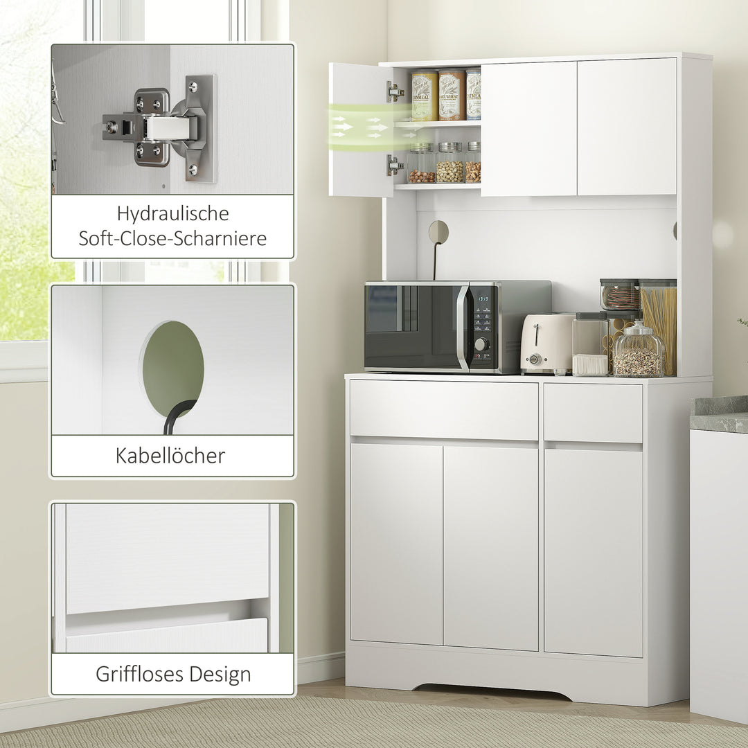 Køkkenskab med åben bordplade, 6 skabslåger, 2 skuffer, justerbare hylder, kabelhuller, spånplade, hvid