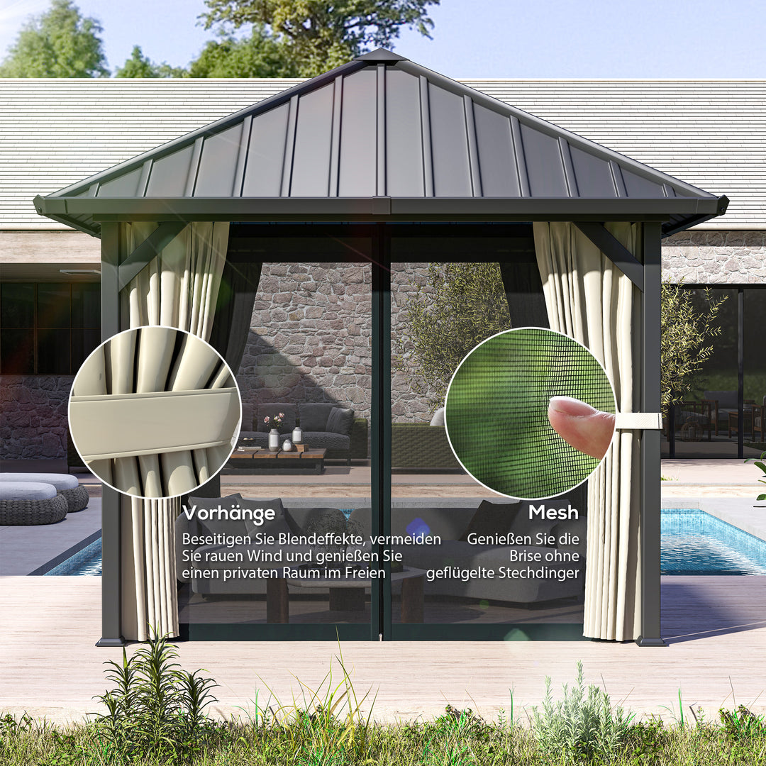 3 x 3 m pavillon med hårdt tag, havepavillon med metaltag, vandtæt havetelt med net og sidevægge, mørkegrå