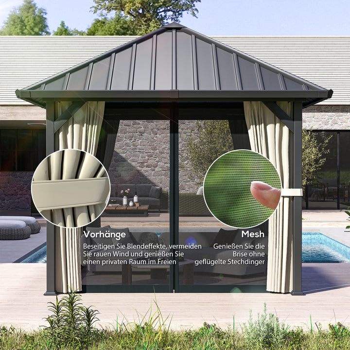 3 x 3 m pavillon med hårdt tag, havepavillon med metaltag, vandtæt havetelt med net og sidevægge, mørkegrå