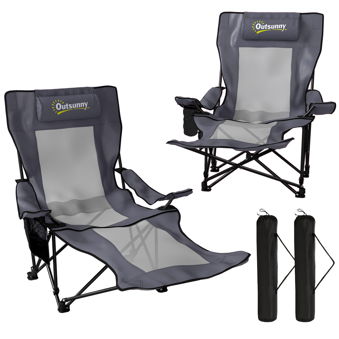 Sæt med 2 foldbare campingstole/fiskestole med justerbar ryglæn, fodstøtte, kopholder og nakkestøtte, mørkegrå