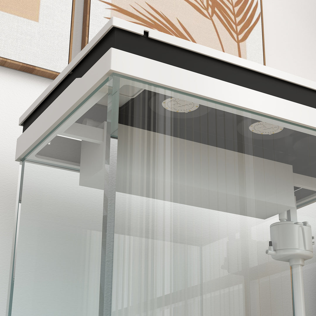 41-liters glasakvarium med filtersystem, LED-lys, vandpumpe, til forskellige fiskearter, hvid