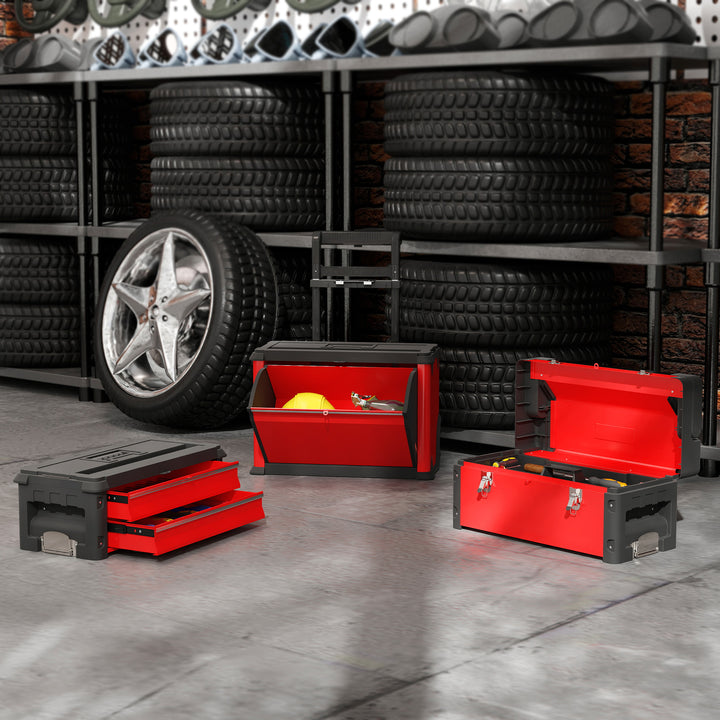 3-Lags værktøjskassesæt med hjul, sammenlåsning, stål, plastik