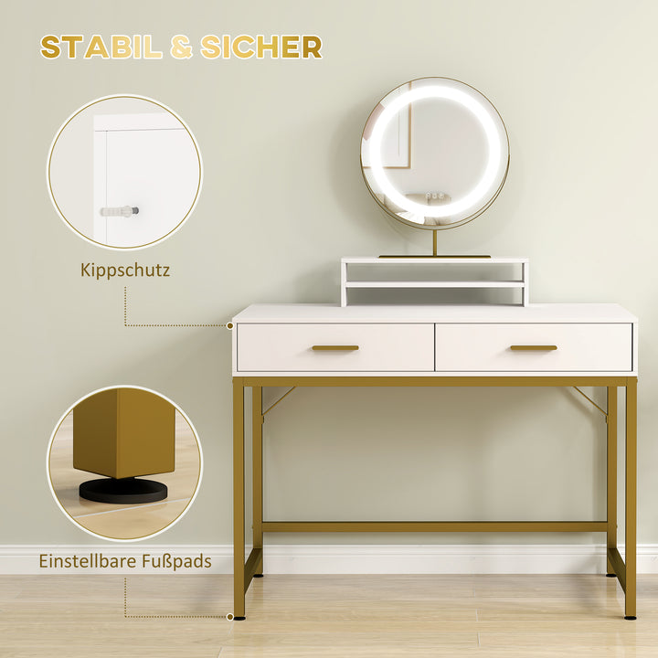 Sminkebord med 360° spejl, led-belysning, 2 skuffer, hvid/guld