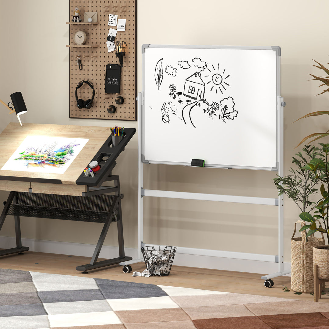 Whiteboardtavle, 120 x 90 cm, magnetisk, roterbar, mobil, inkl. tusch og svamp, metalramme, hvid