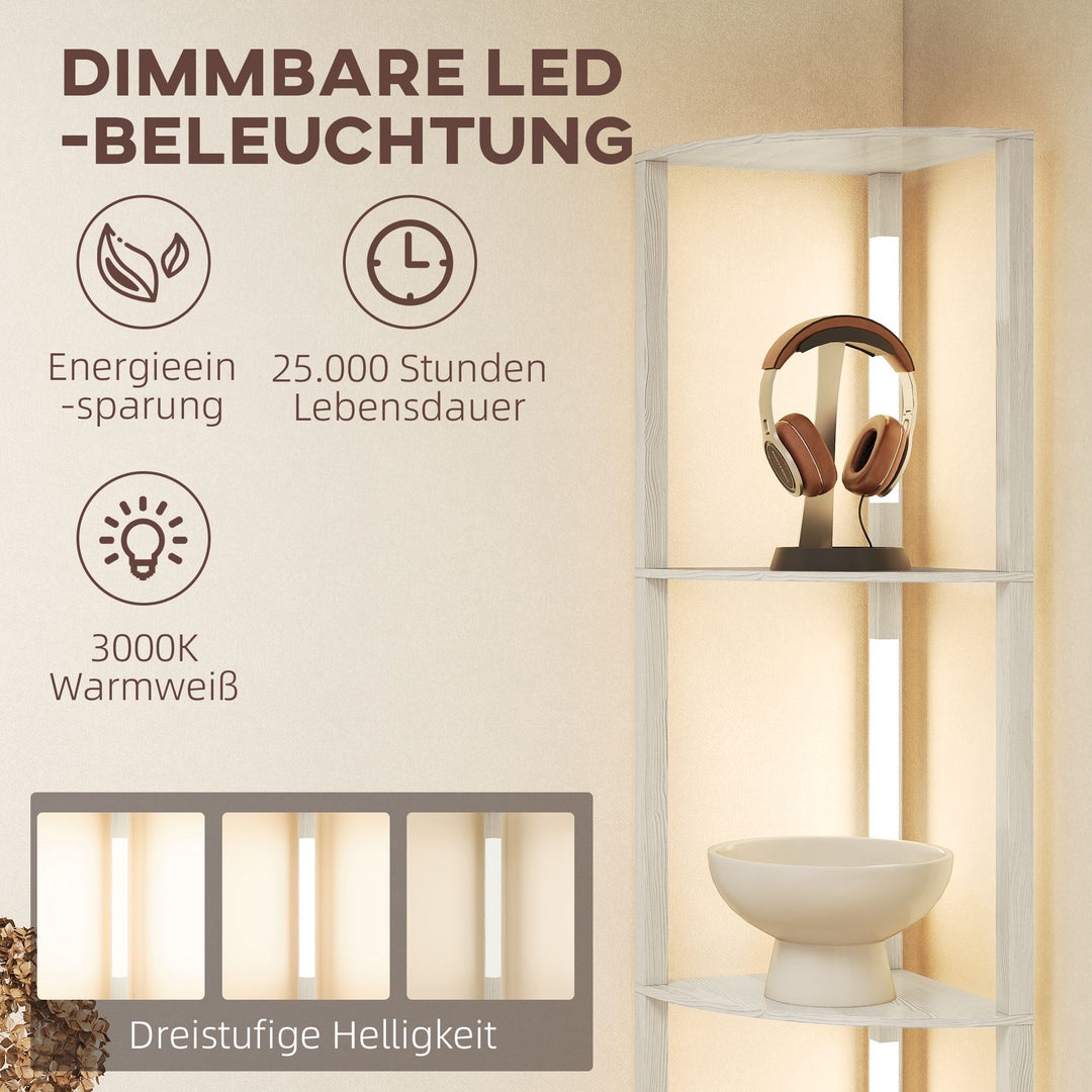 LED gulvlampe, hjørnehylde, dæmpbar, 4 hylder, varmt hvidt lys, 41x30x164cm, eg