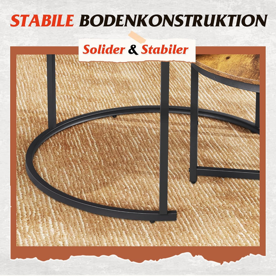 WLIVE sofabordsæt med 2, runde borde med diametre på 80 cm og 60 cm, opbevaringsplads og metalstel, velegnet til stue, rustik brun