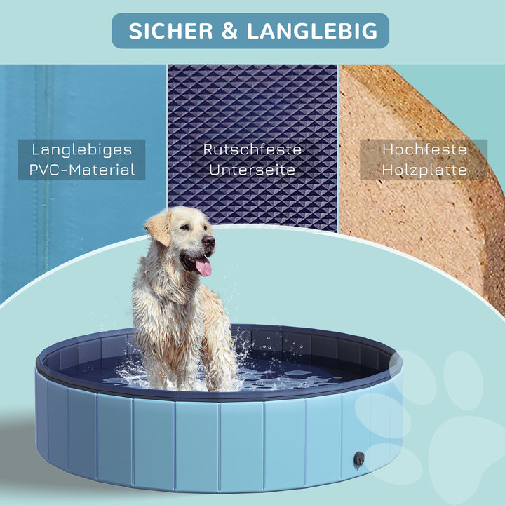 Sammenklappeligt hundebadekar, hundepool, swimmingpool, børnepool, badekar til hunde og katte, vandbassin af plastik og træ, Ø140 x H30 cm, blå